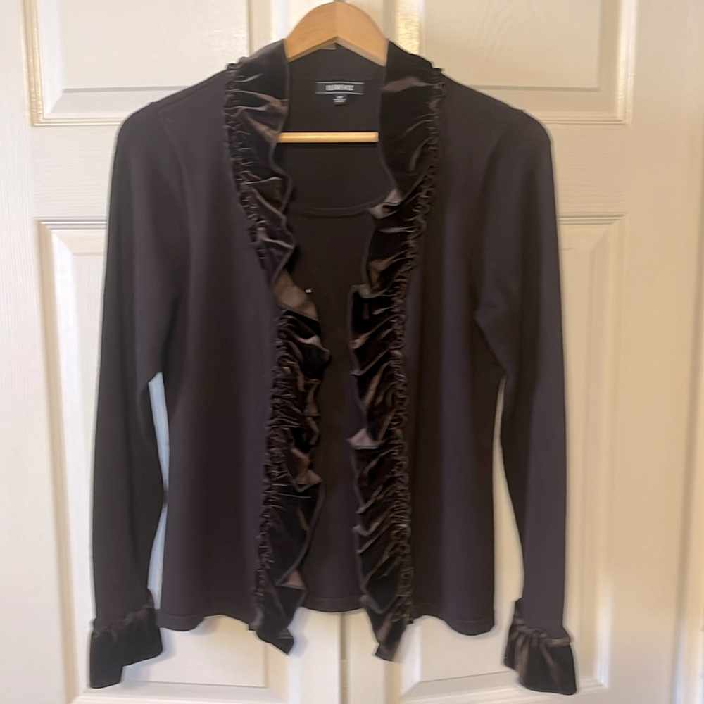 Elementz Women’s evening jacket with built-in top and velvet frill brown size M - Picture 2 of 12
